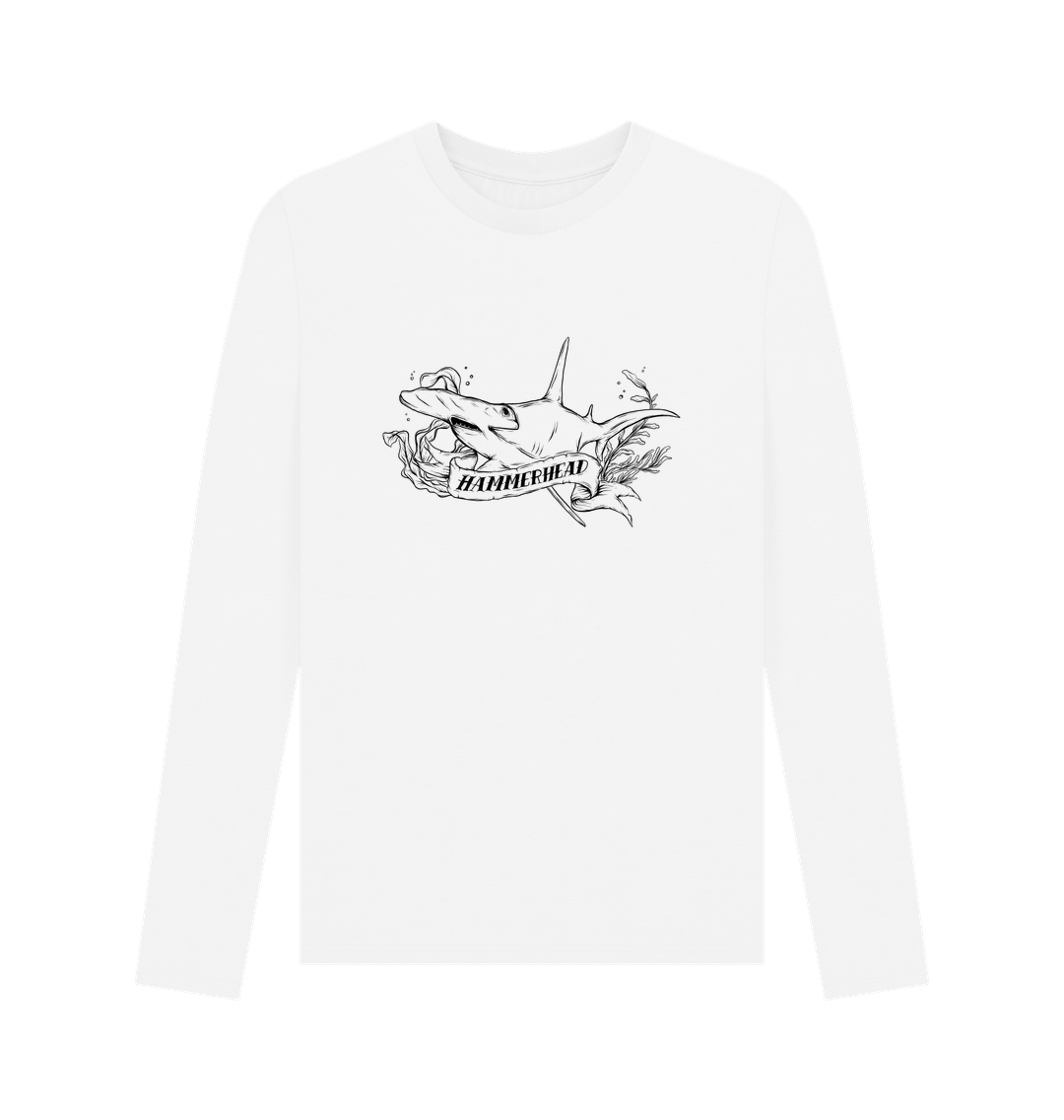 White long-sleeved t-shirt with hammerhead shark graphic
