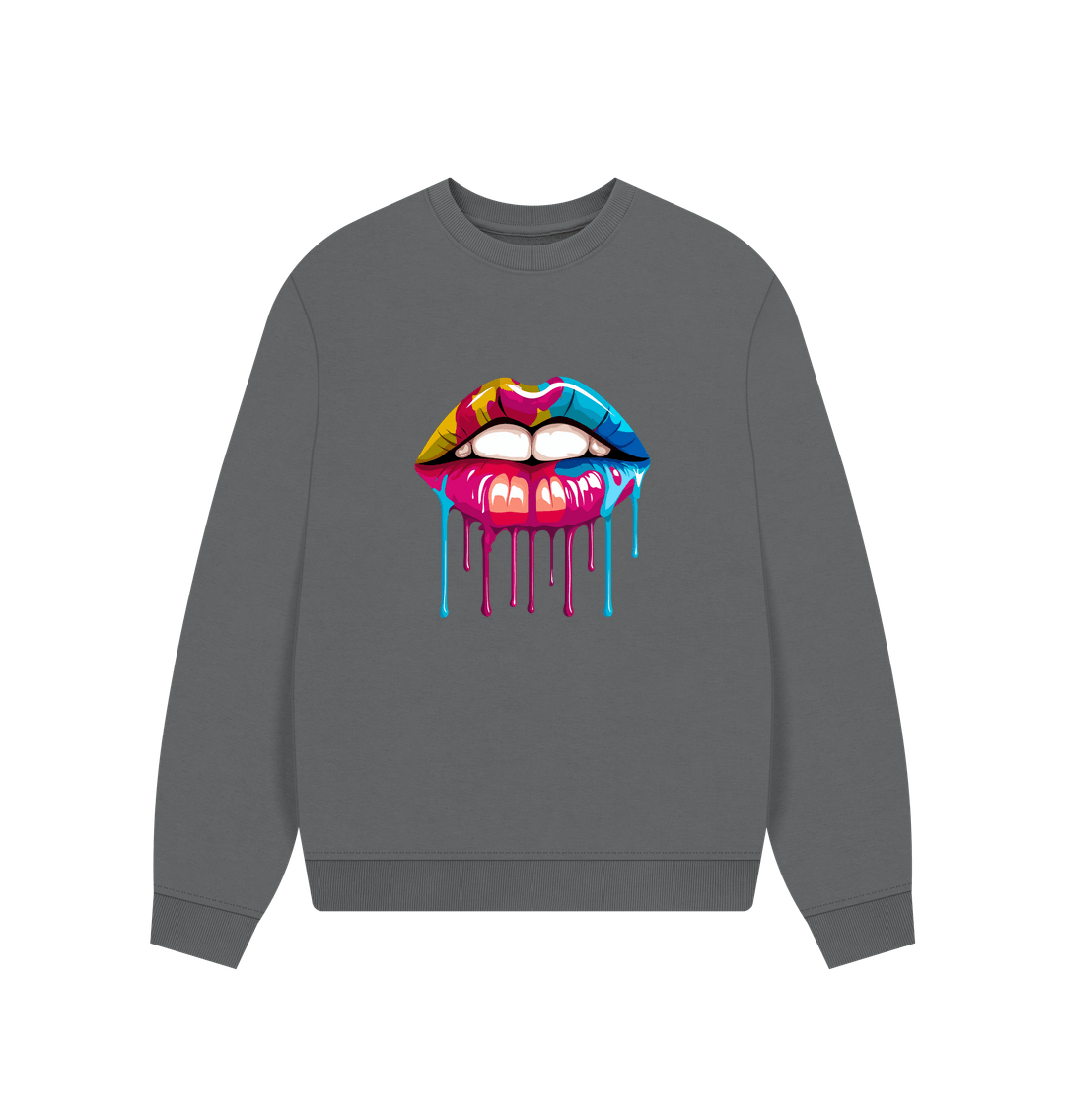 Gray sweatshirt with colorful dripping lips design
