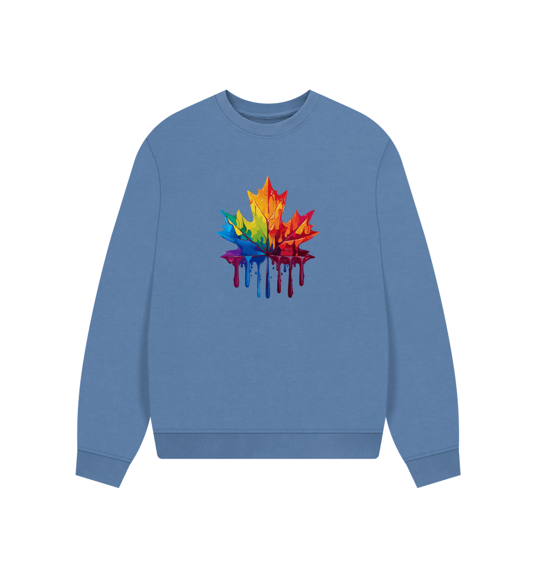 Blue sweatshirt with colorful dripping leaf design