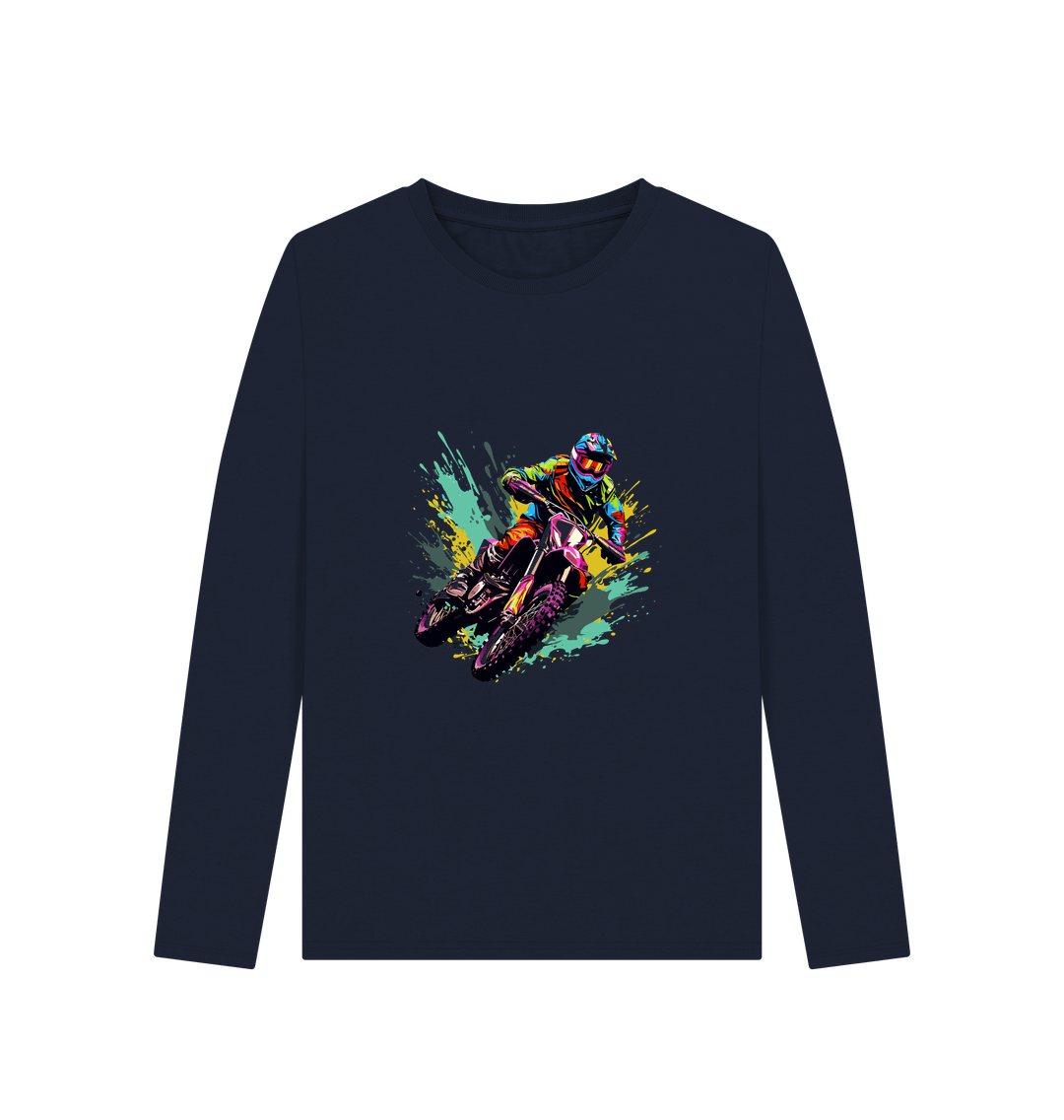 Navy blue long-sleeved t-shirt with dirt bike graphic