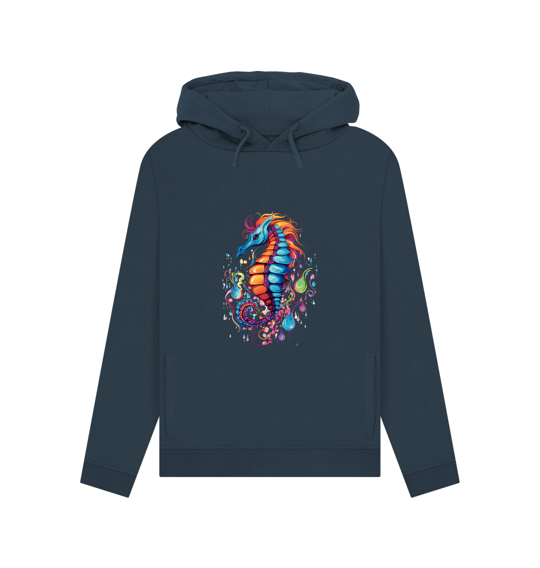 Dark gray hoodie with colorful seahorse design