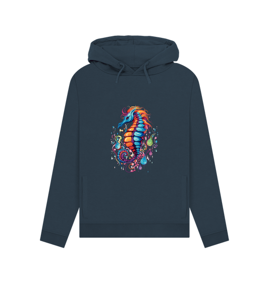 Dark gray hoodie with colorful seahorse design
