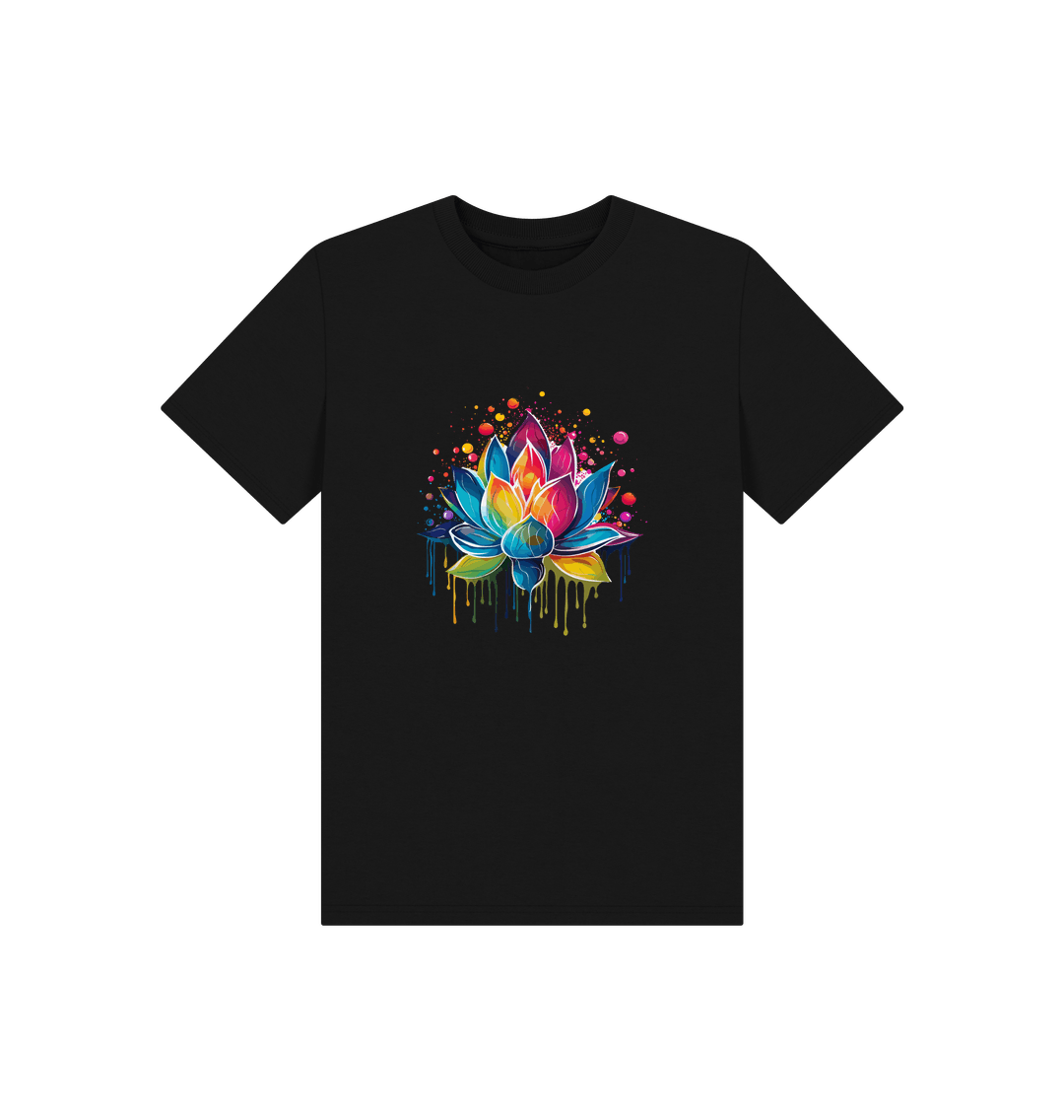 Black t-shirt with colorful lotus flower design