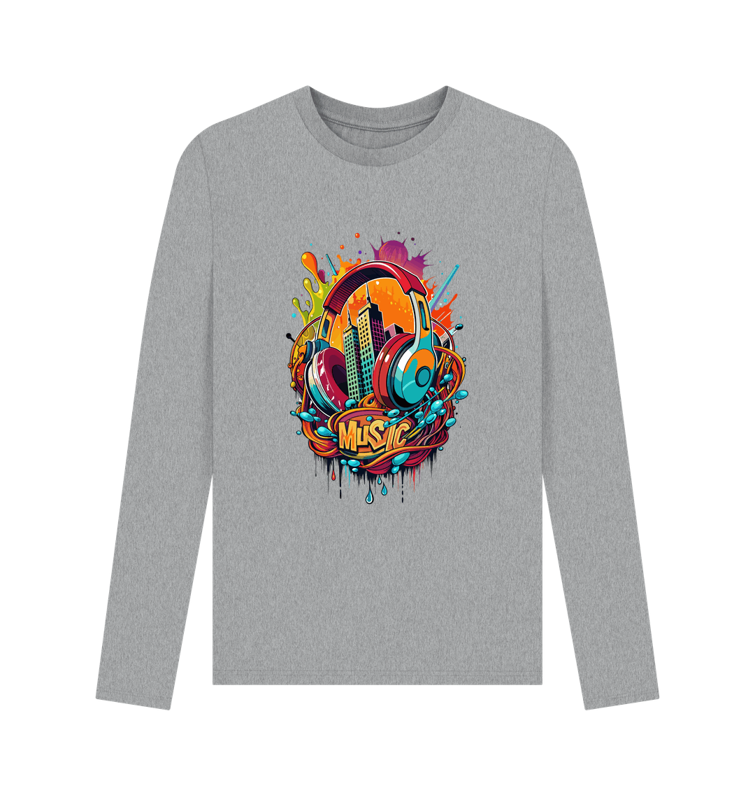 Gray long-sleeved t-shirt with colorful music-themed graphic