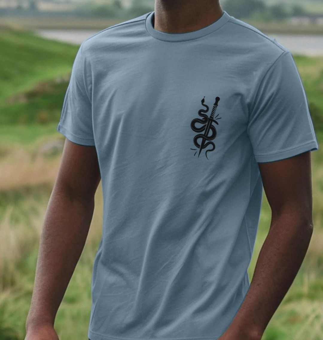 Blue t-shirt with snake and dagger design (person)