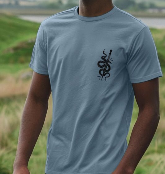 Blue t-shirt with snake and dagger design (person)