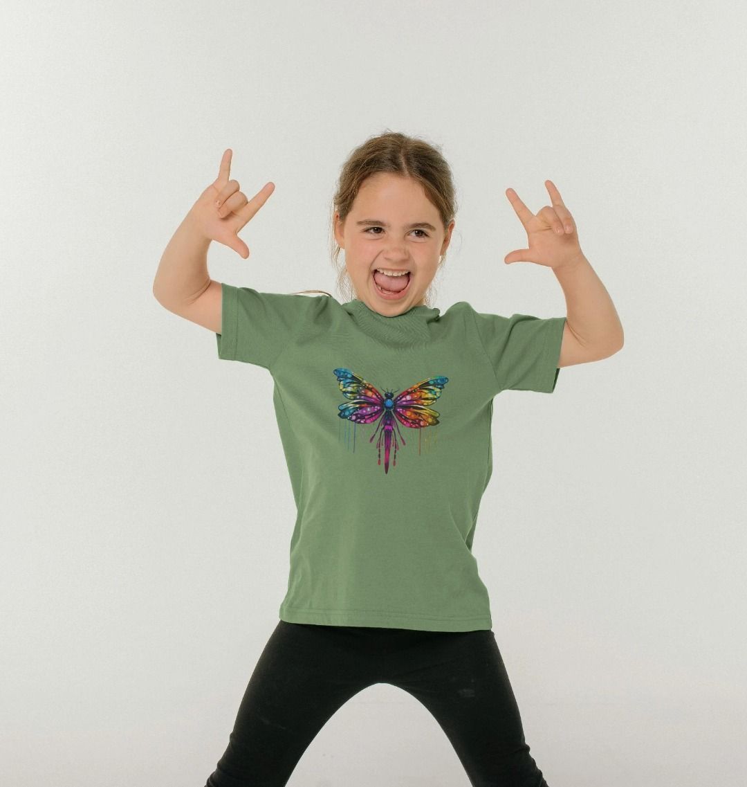 Green t-shirt with butterfly graphic (person)
