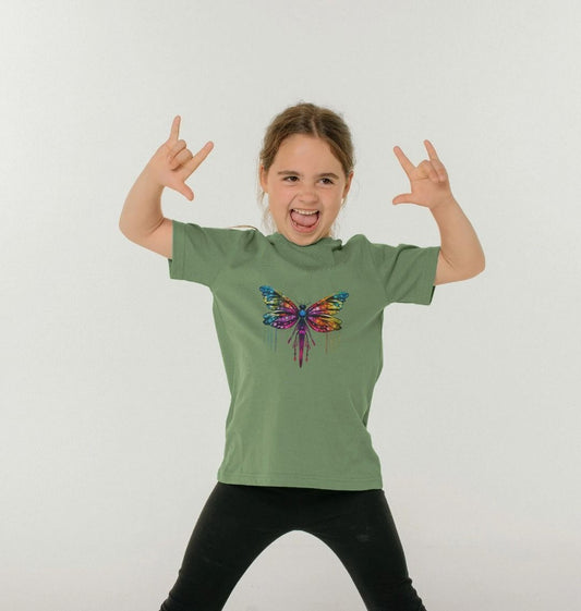 Green t-shirt with butterfly graphic (person)