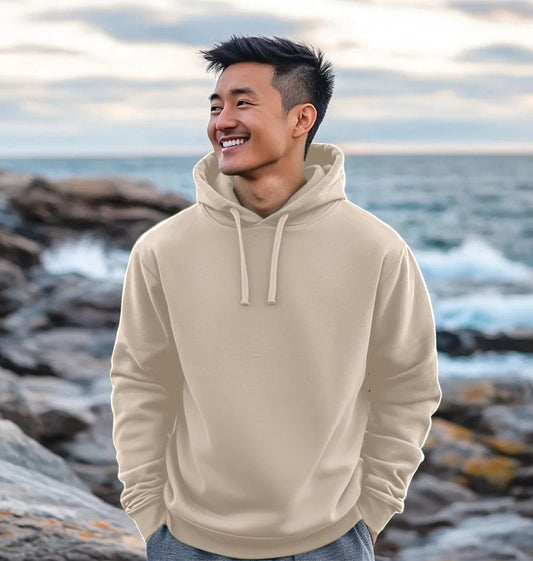 Beige hoodie with drawstrings (person)