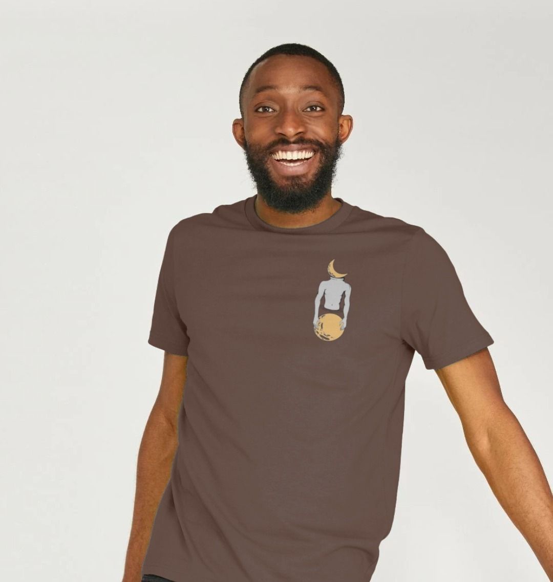 Brown t-shirt with moon and sun graphic (person)