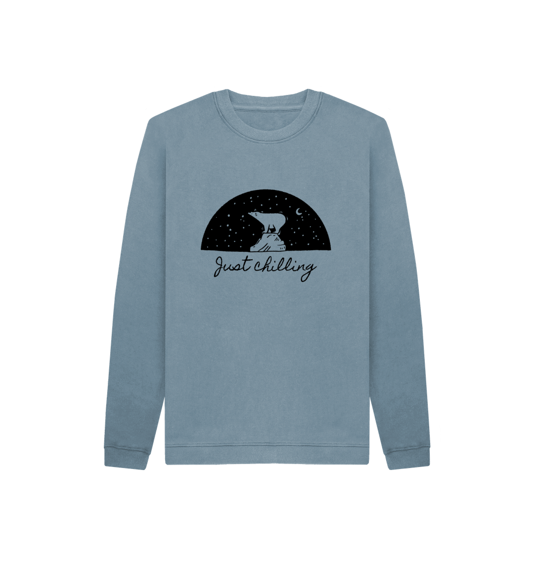 Light blue sweatshirt with "Just Chilling" text and bear illustration