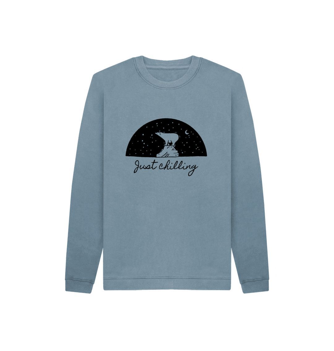 Light blue sweatshirt with "Just Chilling" text and bear illustration
