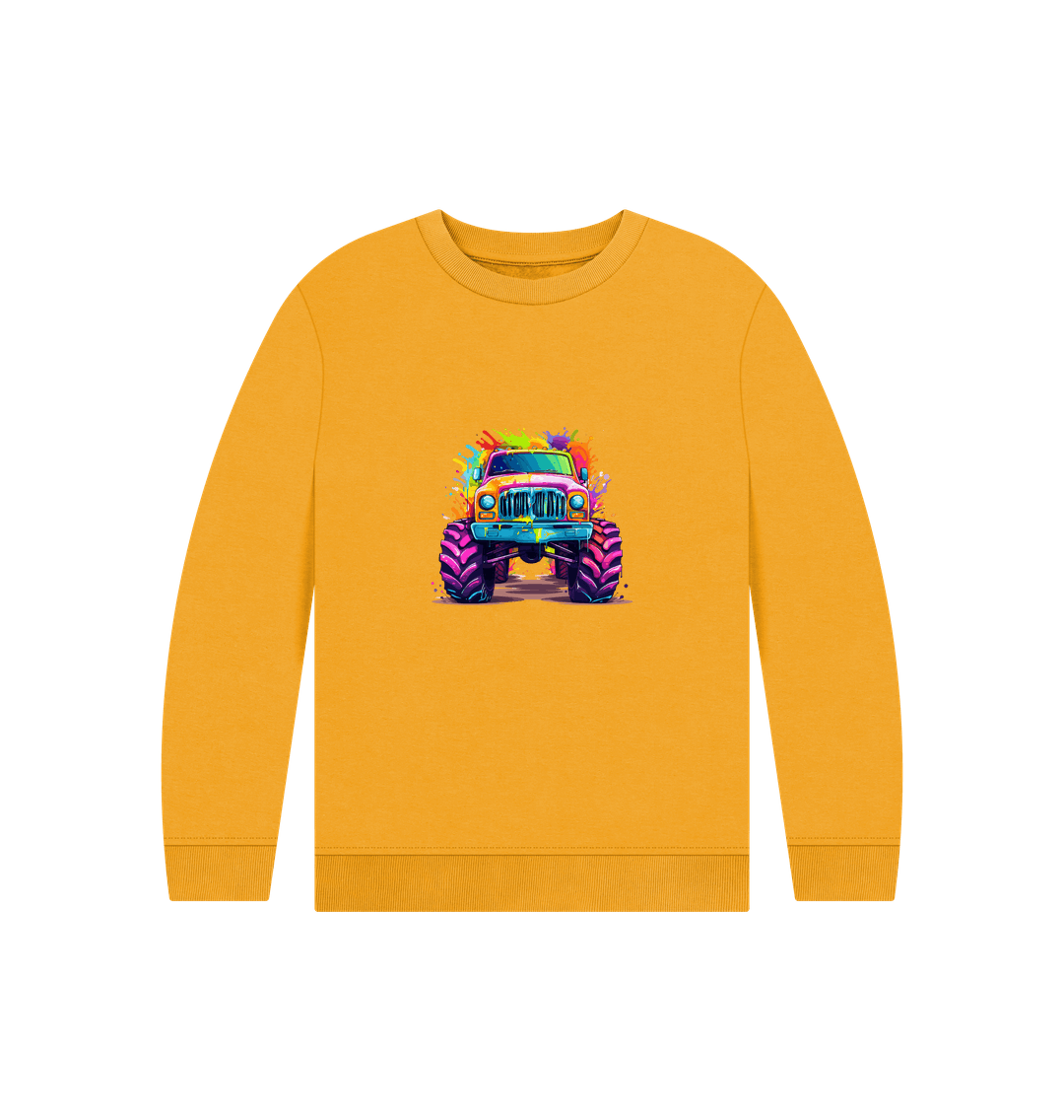 Yellow sweatshirt with colorful monster truck graphic