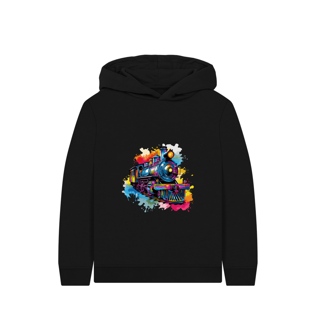 Black hoodie with colorful train graphic