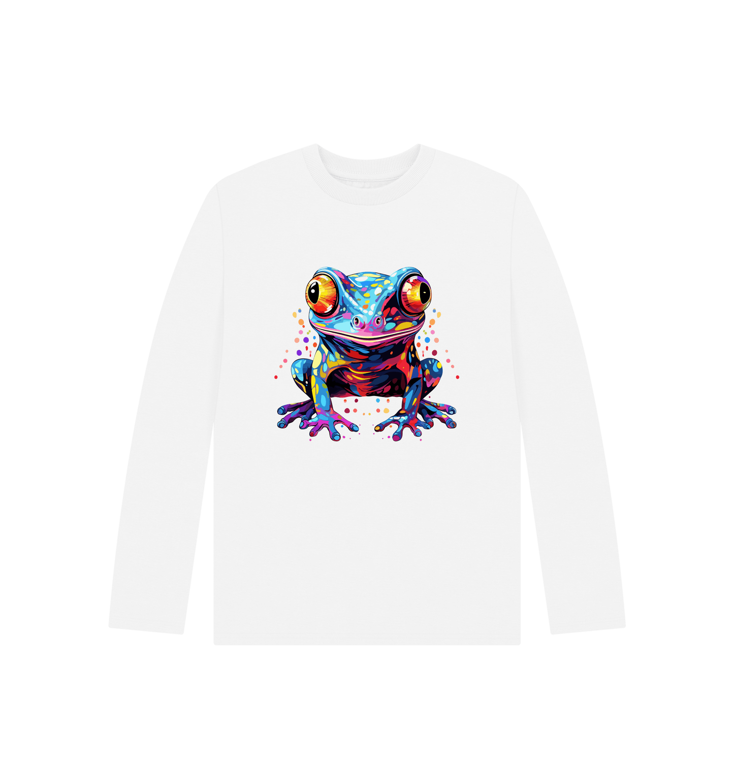 White long-sleeved t-shirt with colorful frog graphic