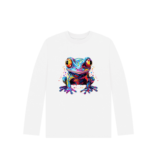 White long-sleeved t-shirt with colorful frog graphic