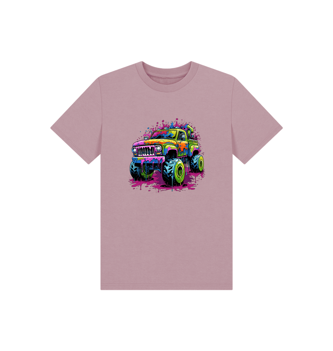 Pink t-shirt with colorful monster truck graphic