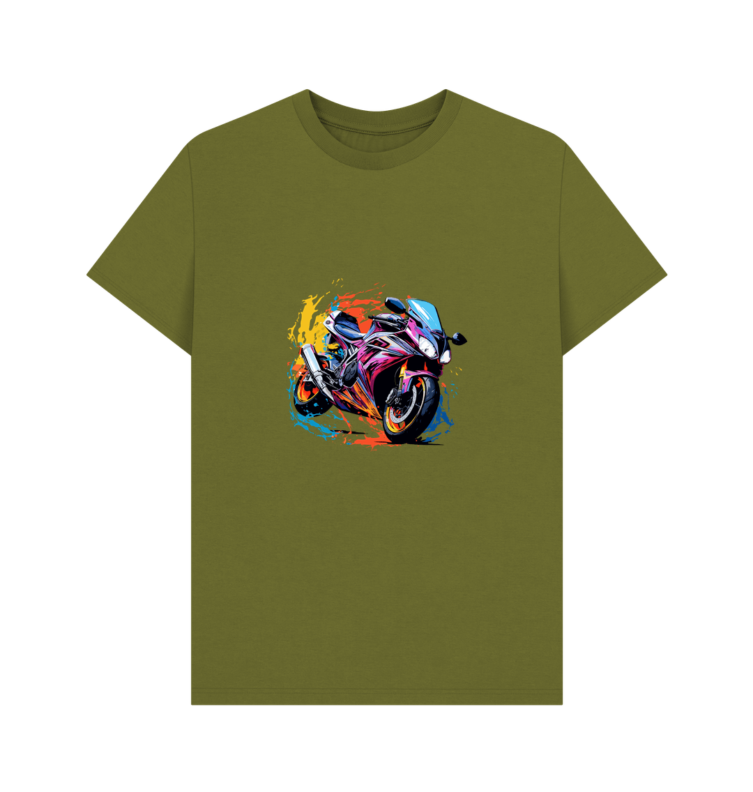 Olive green t-shirt with colorful motorcycle graphic