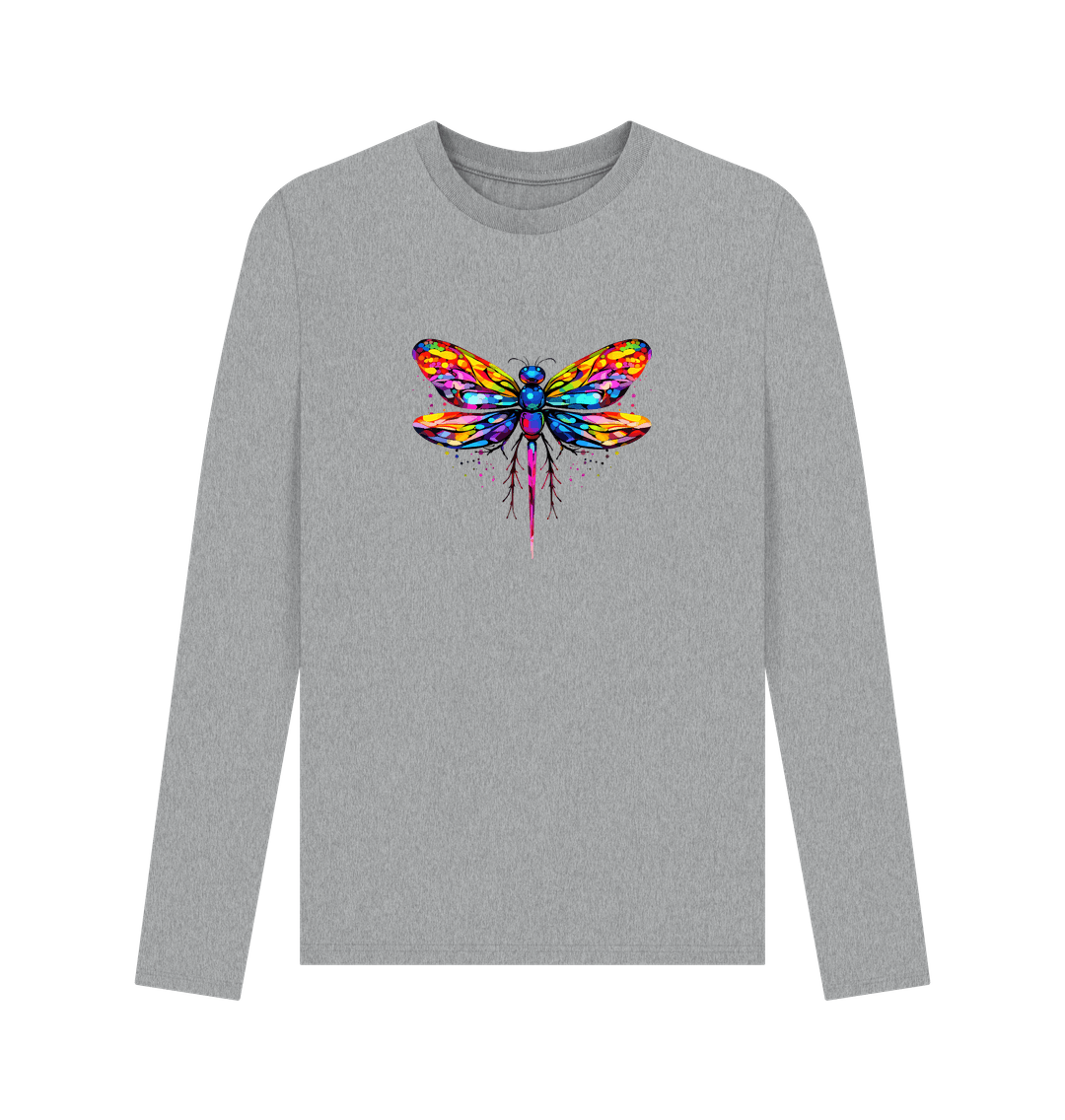 Gray long-sleeved t-shirt with colorful dragonfly design
