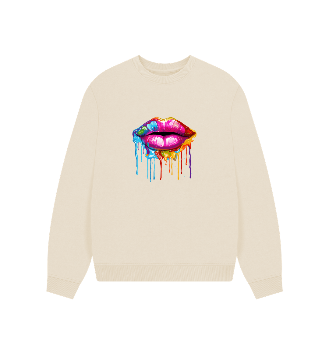 Cream-colored sweatshirt with colorful dripping lips graphic