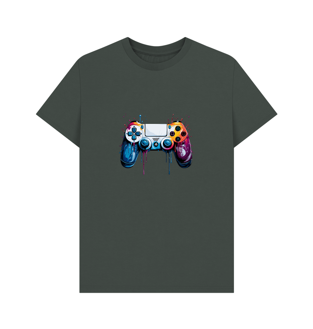 Gray t-shirt with colorful game controller graphic