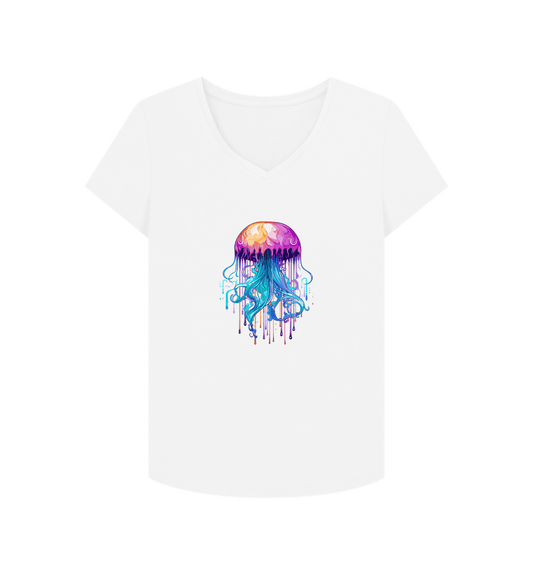White V-neck t-shirt with jellyfish graphic
