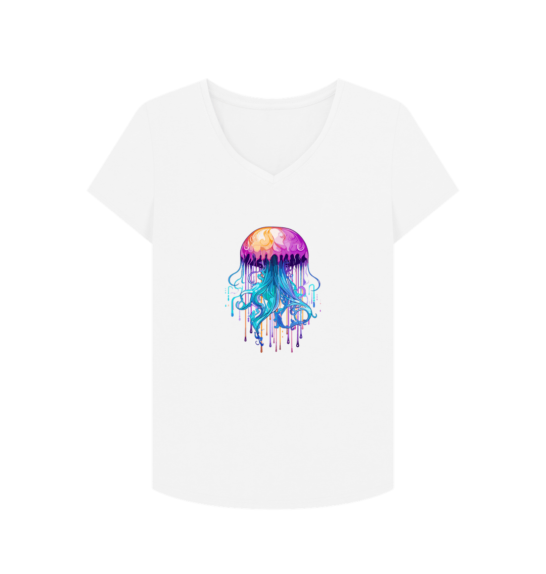 White V-neck t-shirt with jellyfish graphic
