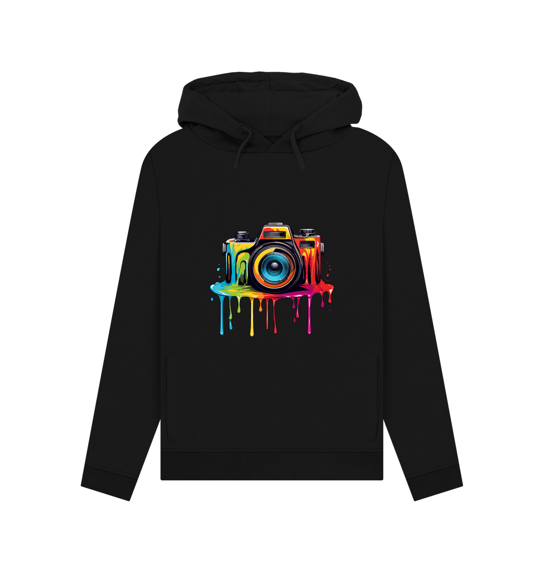 Black hoodie with colorful camera graphic