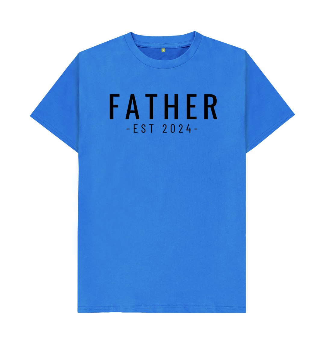 Blue t-shirt with "FATHER EST 2024" text