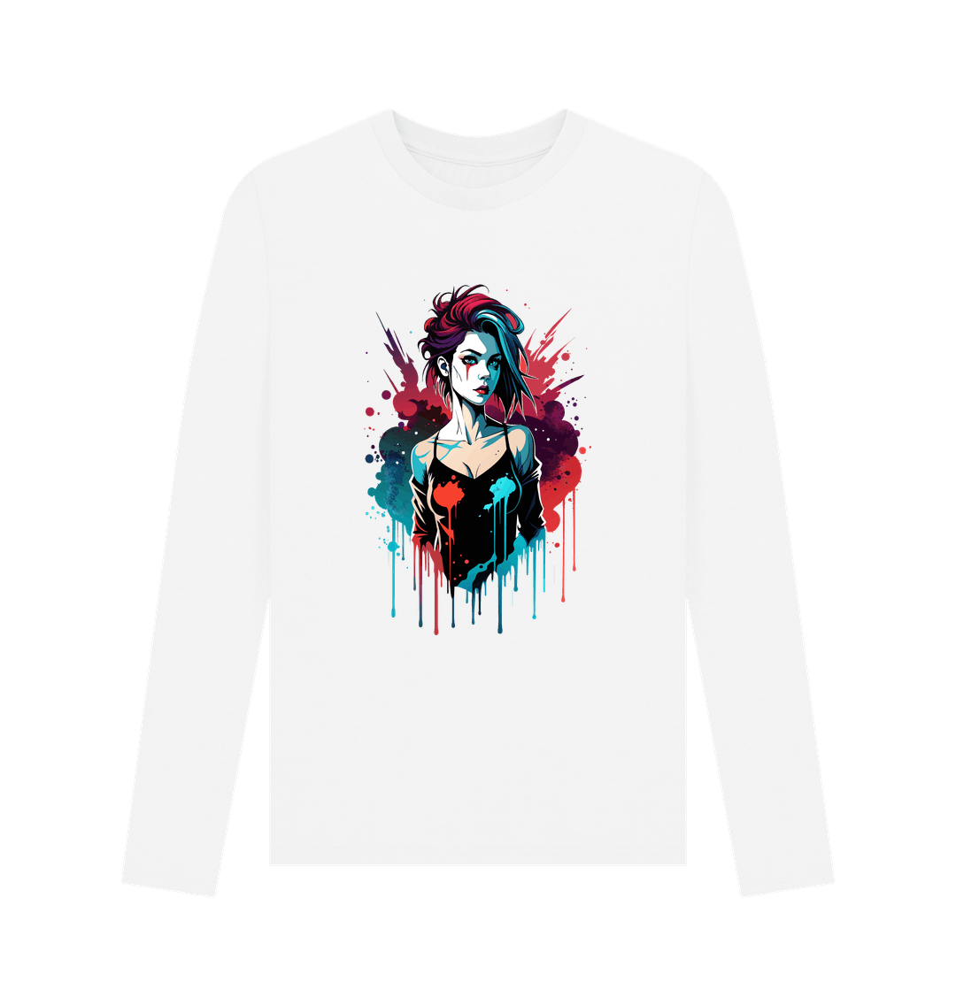 White long-sleeved t-shirt with graphic design