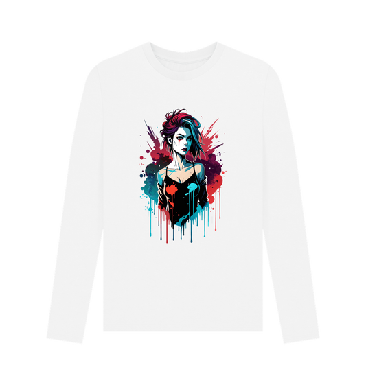 White long-sleeved t-shirt with graphic design