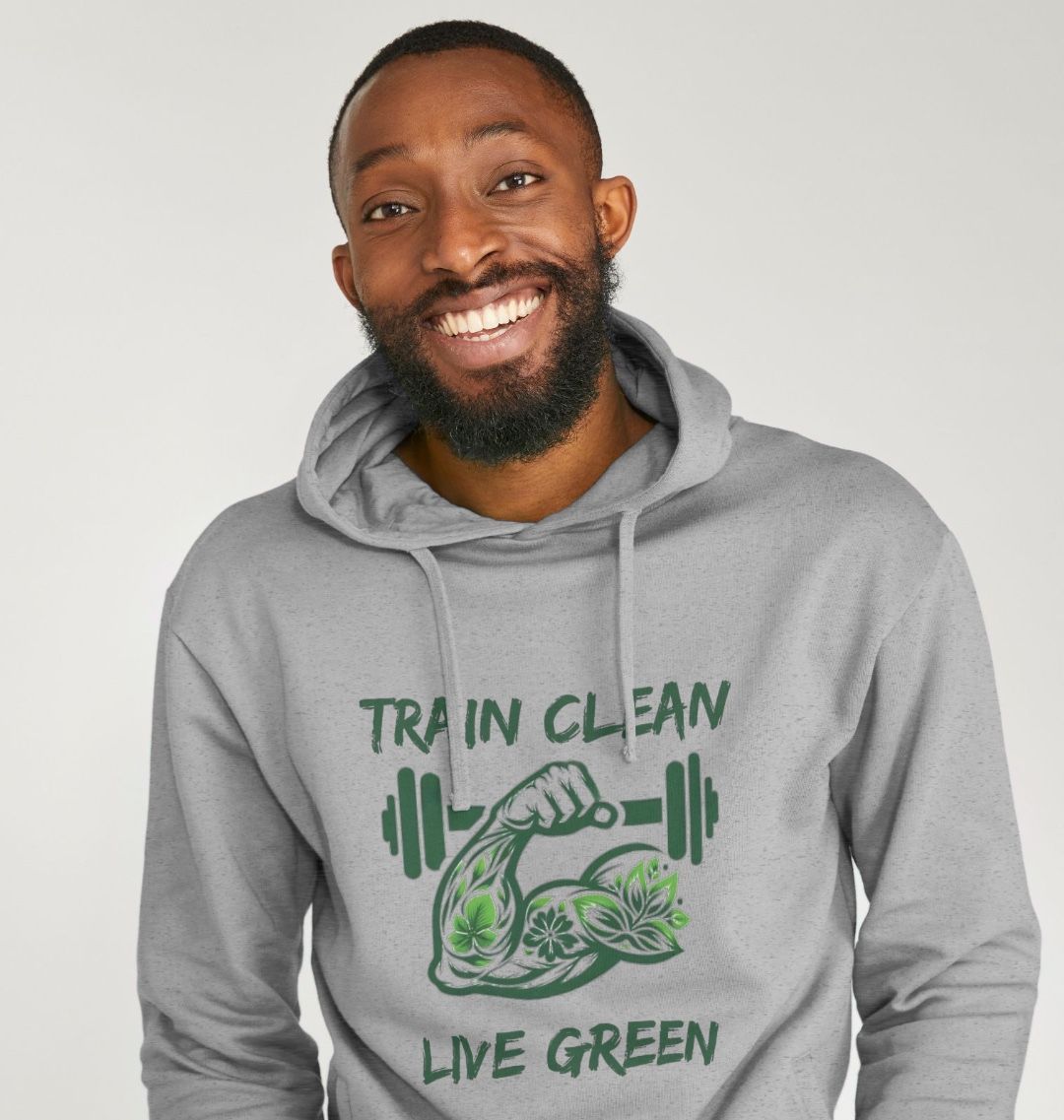 Gray hoodie with "Train Clean Live Green" design (person)