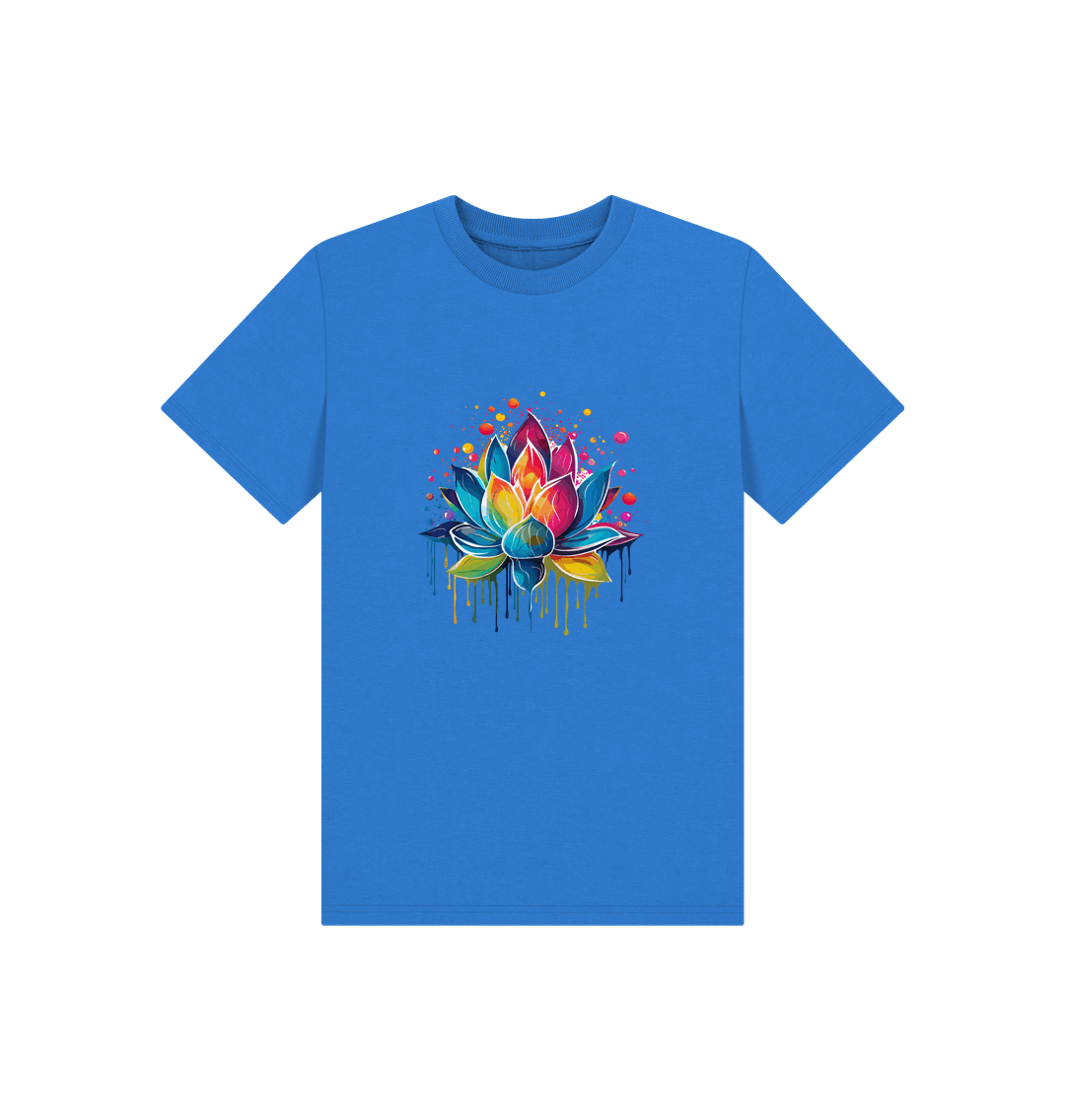 Blue t-shirt with colorful lotus flower design