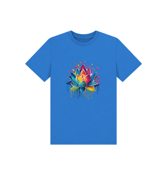 Blue t-shirt with colorful lotus flower design