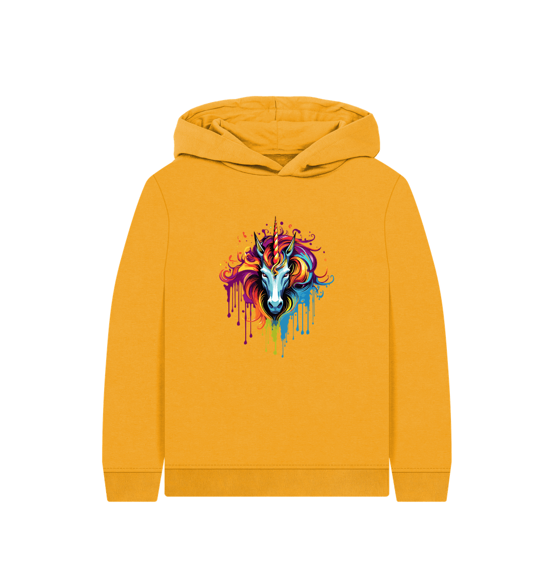 Yellow hoodie with colorful unicorn graphic