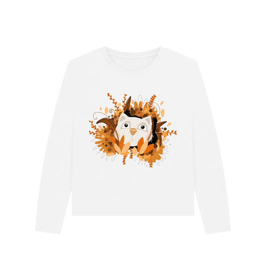 White long-sleeved shirt with owl illustration