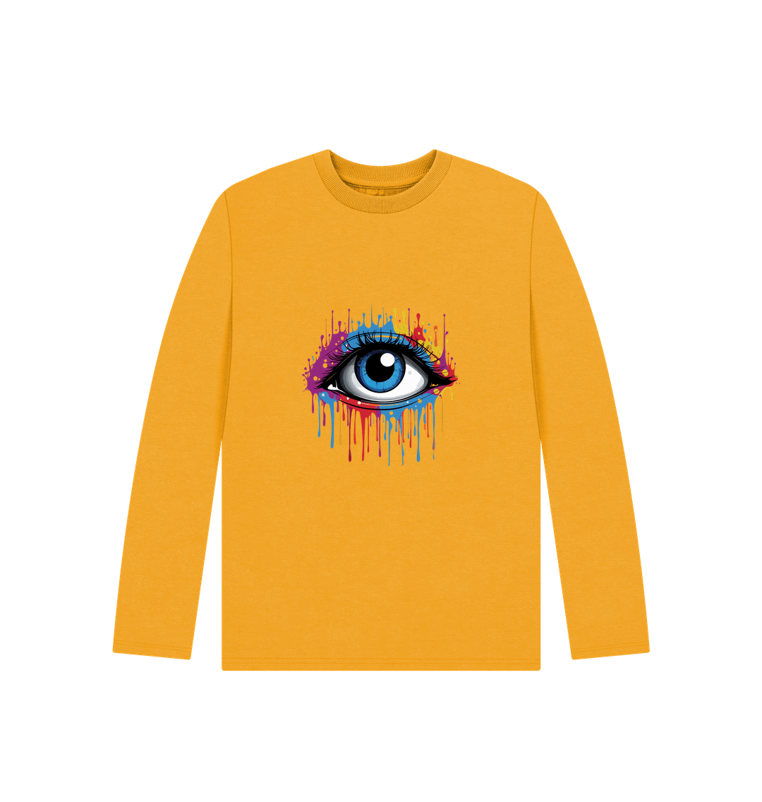Yellow long-sleeved t-shirt with colorful eye graphic