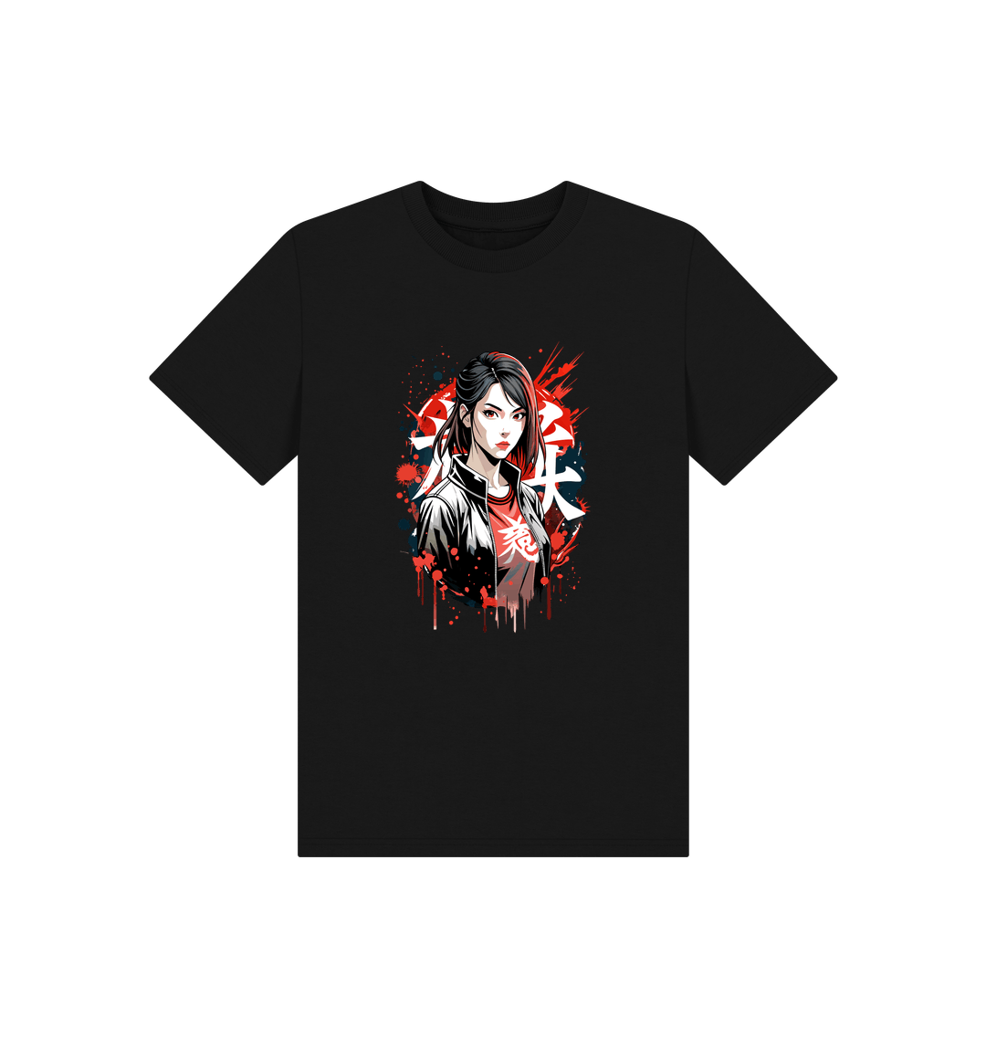 Black t-shirt with anime-style girl graphic (person)