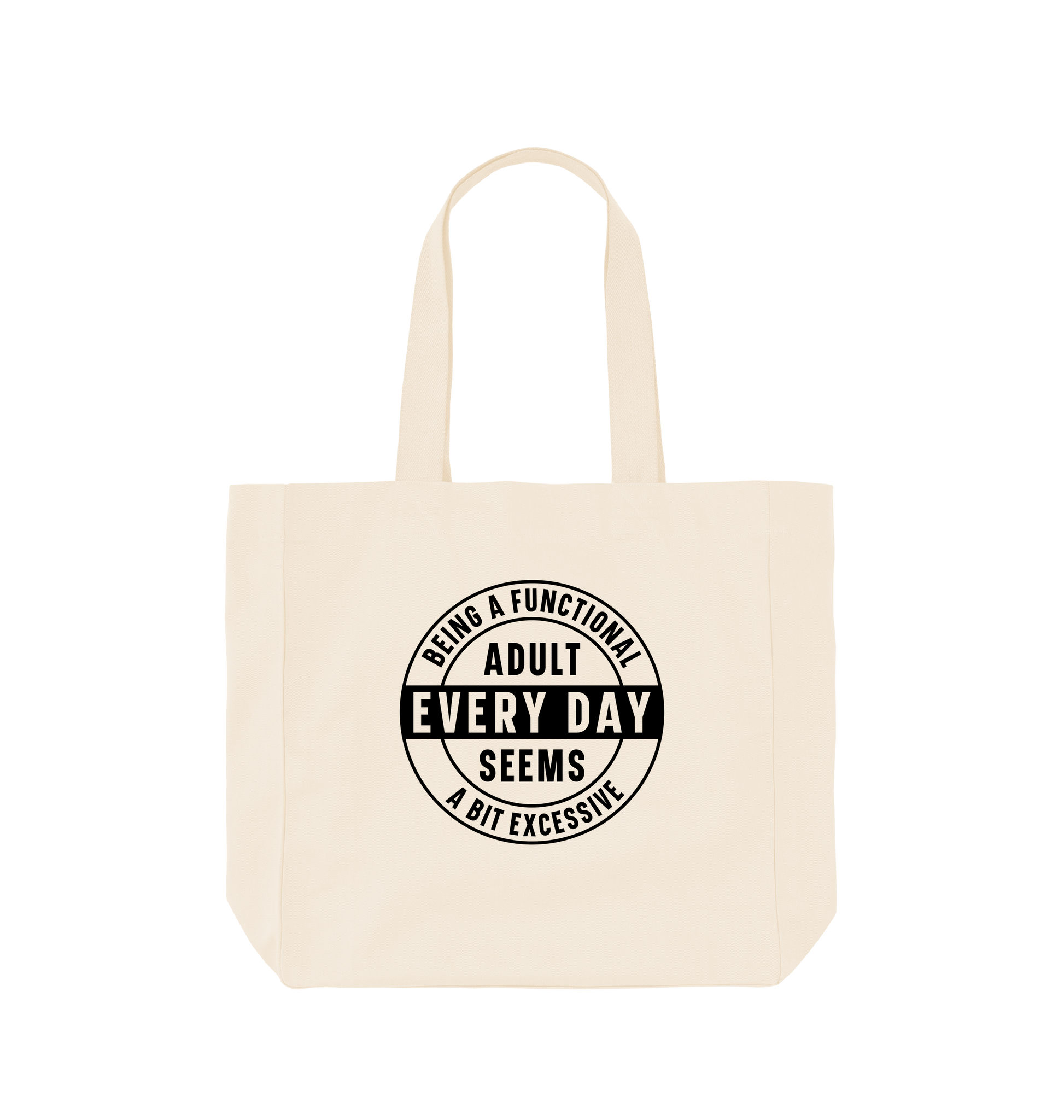 White tote bag with black text design