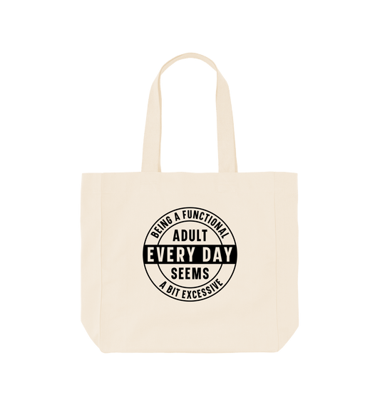 White tote bag with black text design