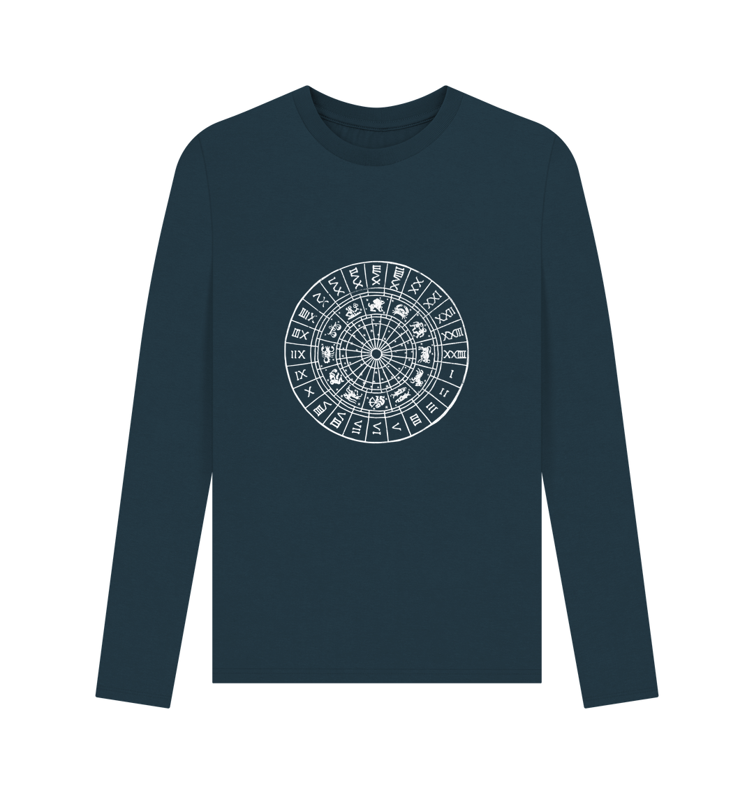Dark blue long-sleeved t-shirt with zodiac wheel design