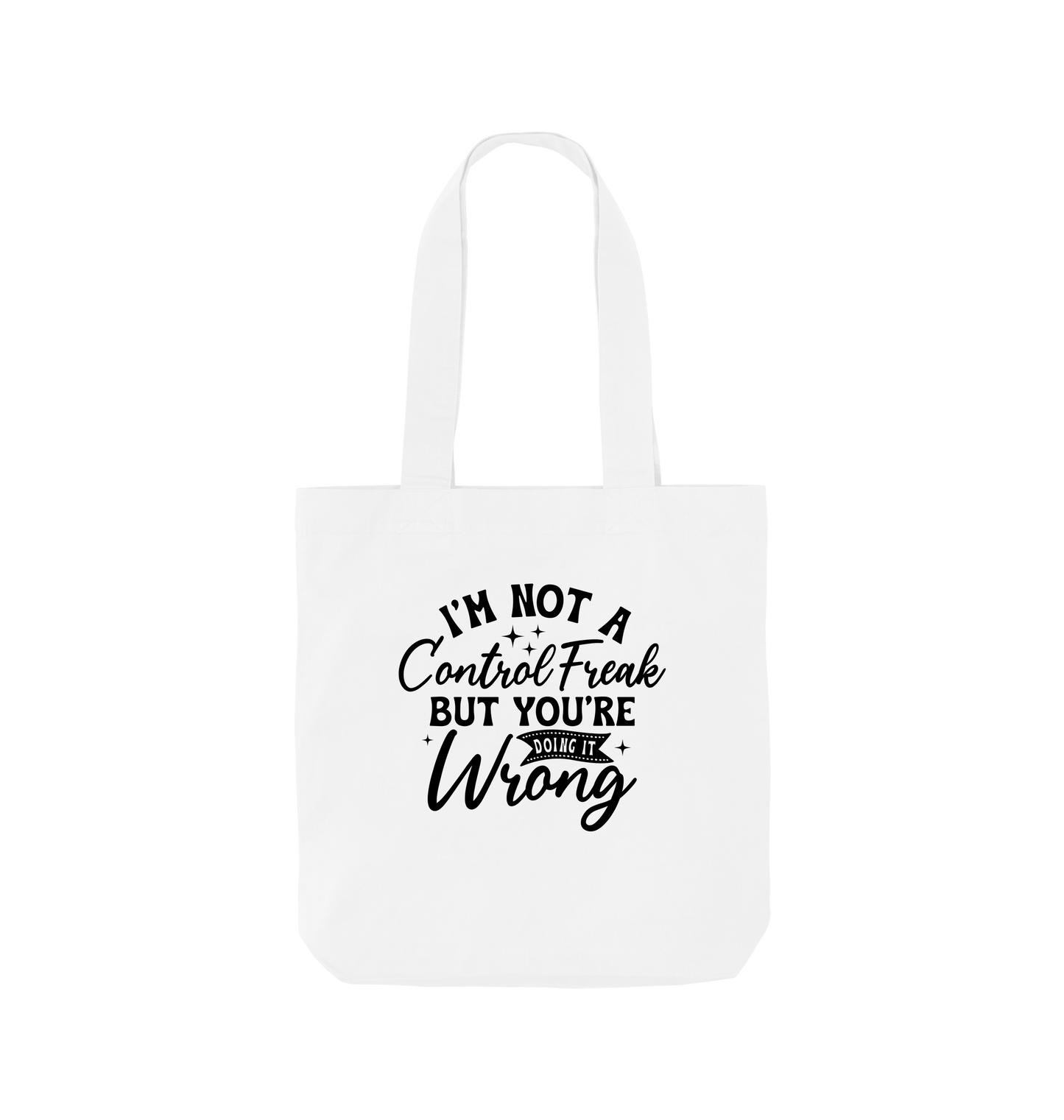 White tote bag with text design