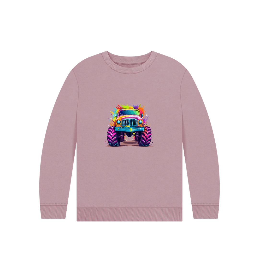 Pink sweatshirt with colorful monster truck graphic