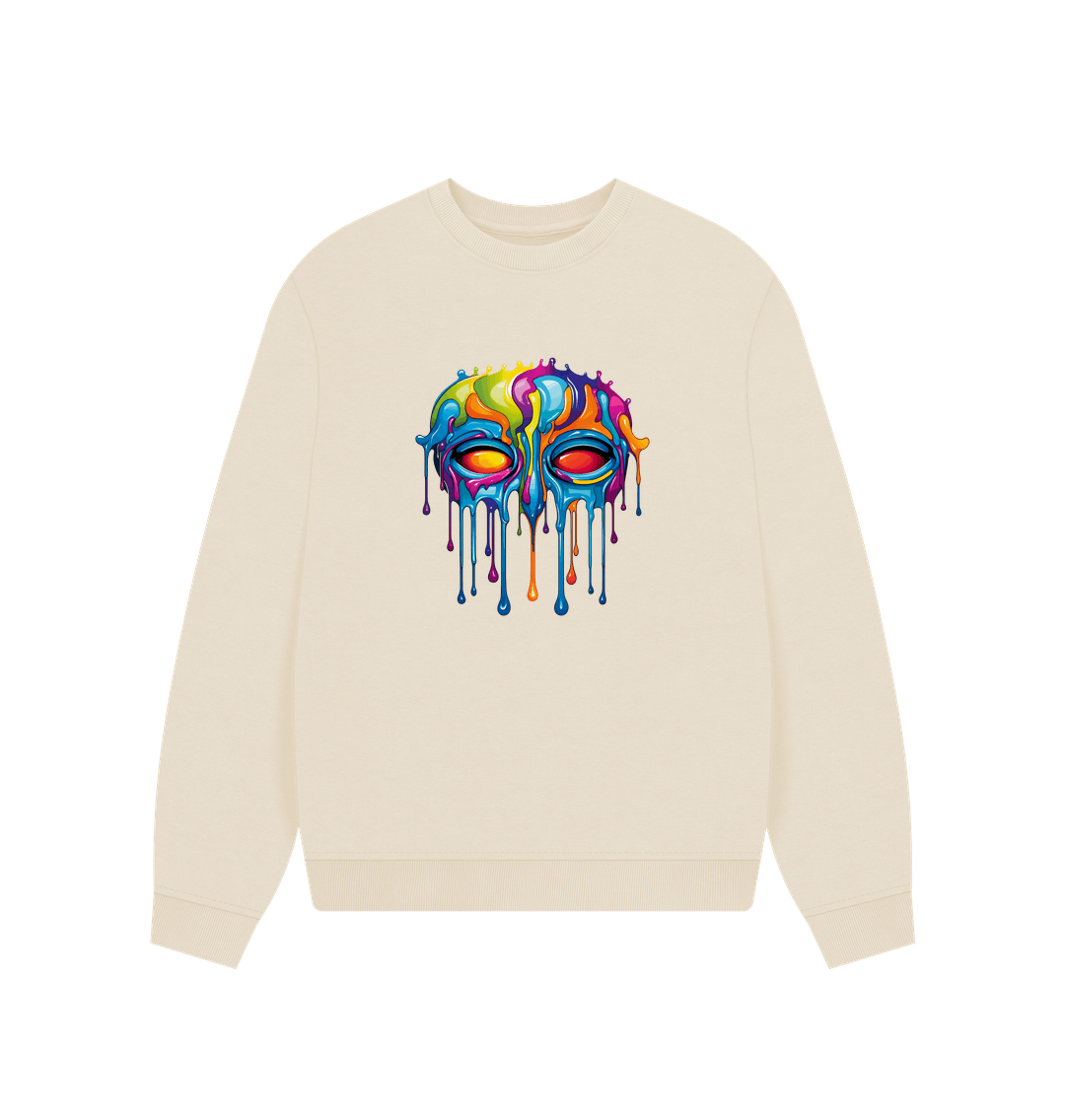 Cream-colored sweatshirt with colorful dripping paint design