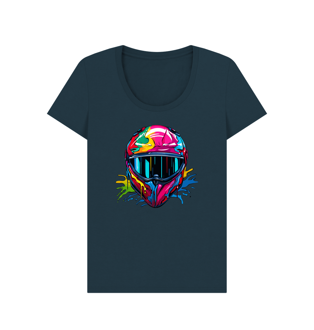 Dark blue t-shirt with colorful motorcycle helmet graphic