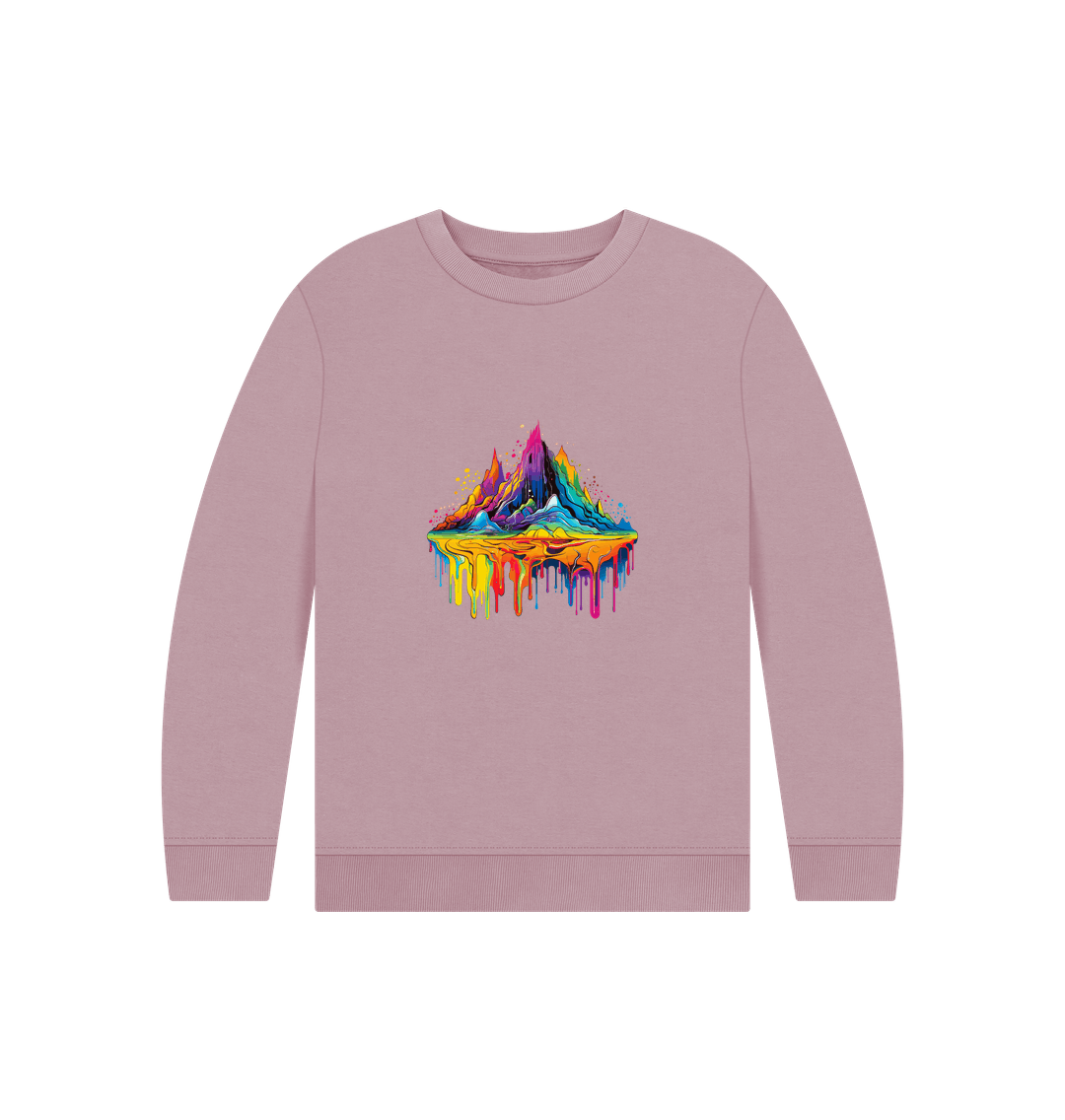 Pink sweatshirt with colorful dripping mountain design