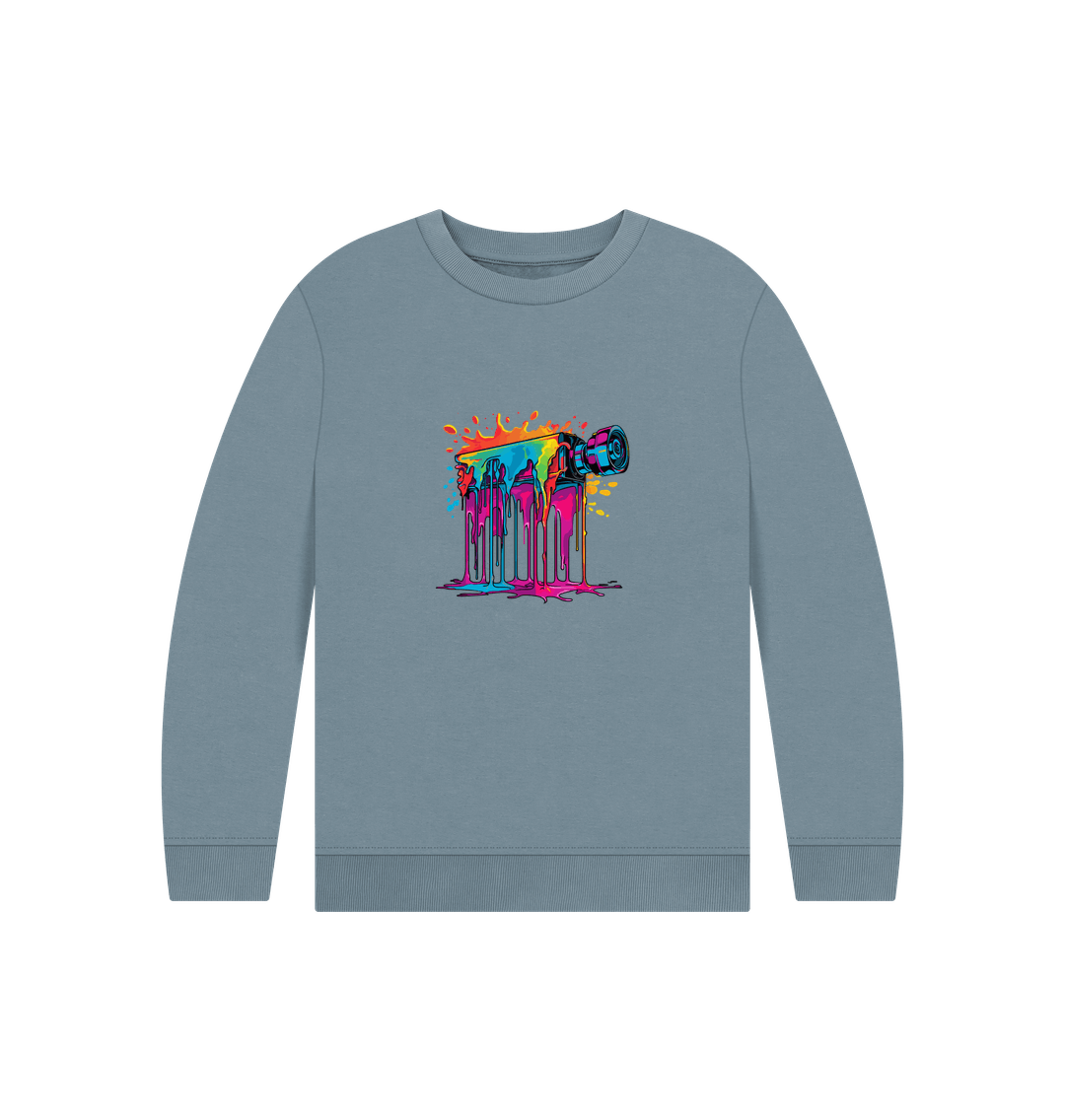 Gray sweatshirt with colorful paint splatter design