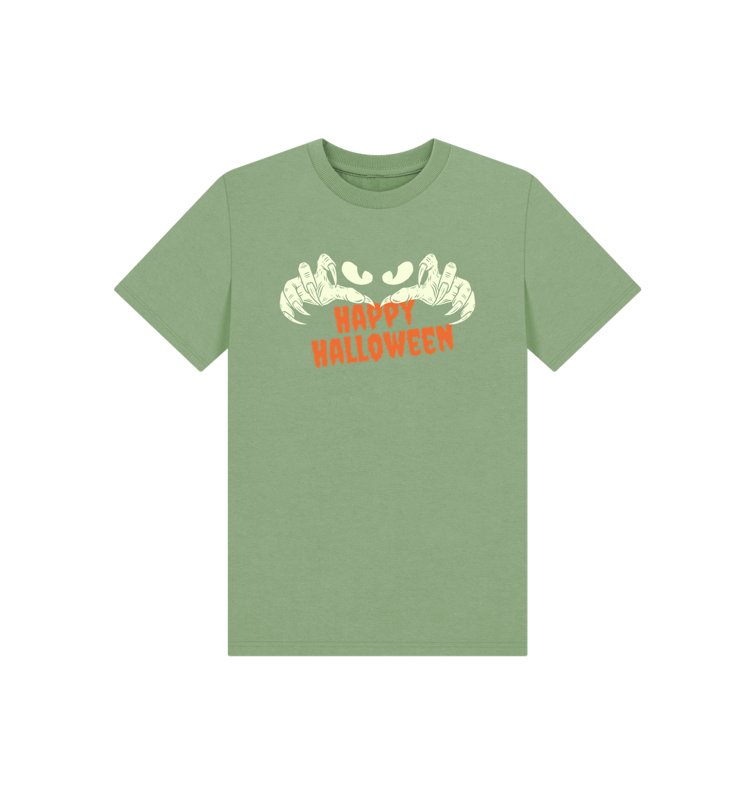Green t-shirt with "Happy Halloween" and ghost hands