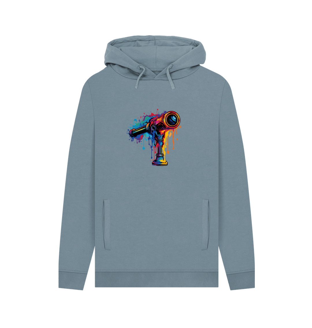 Gray hoodie with colorful telescope graphic