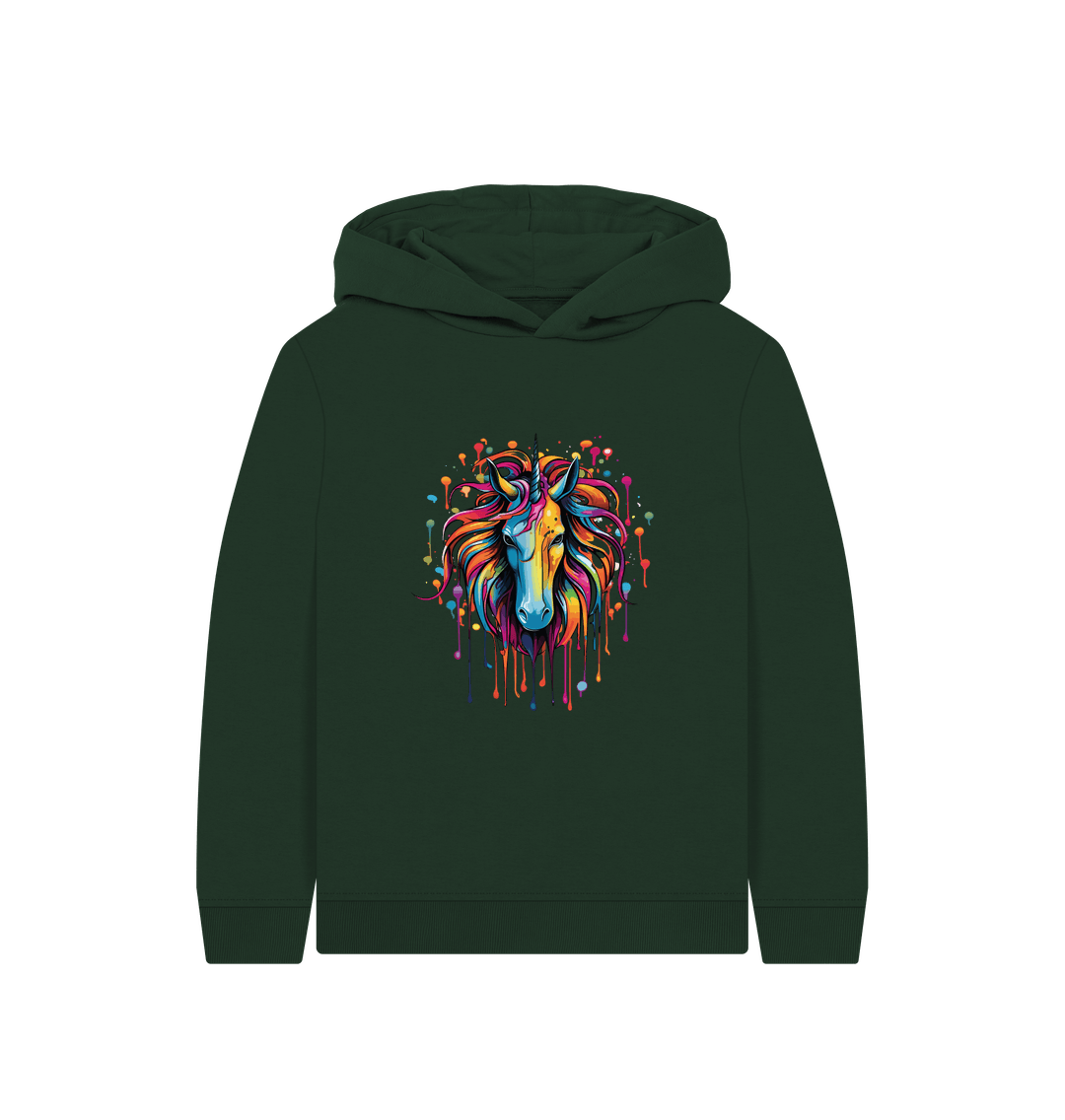 Dark green hoodie with colorful unicorn design